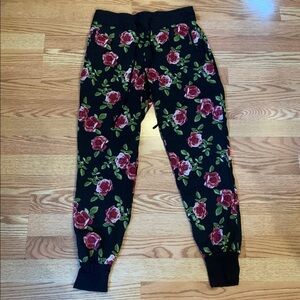 Black Jogger Pants with Red Floral Design